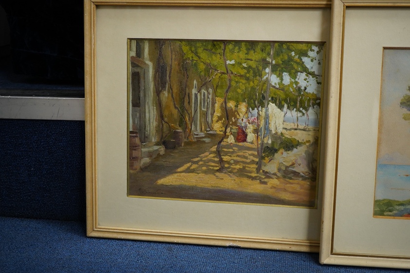 Italian School, ‘St. Marguerite and Parenzo’, each indistinctly signed and inscribed, pair of watercolours together with a similar impressionist oil, Figures before buildings, 21 x 24cm